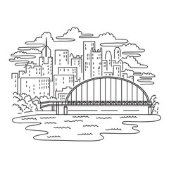 Mono line illustration of Fort Pitt Bridge spanning the Monongahela River in Pittsburgh, Pennsylvania, United States of America done in monoline line black and white art style.
- 647430983