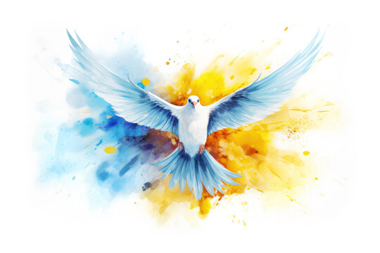 Blue Pigeon of Peace on Yellow and Blue Watercolor Splashes in Ukrainian Flag Colors
