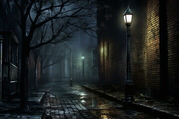 a dim urban passageway with a lamp post and mist emerging during nighttime, alongside a brick wall and distant streetlights. Generative AI - obrazy, fototapety, plakaty