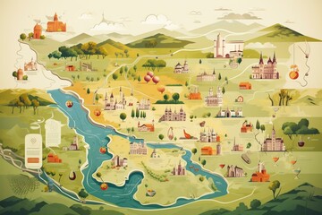 Illustration depicting the map of French vineyards. Generative AI