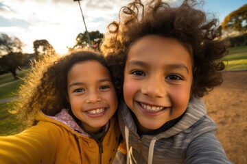 Two young children taking a selfie in a park. Generative AI. - Powered by Adobe
