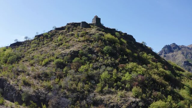 Drone footage of Kayan Fortress on sunny summer day. Lori Province, Armenia.