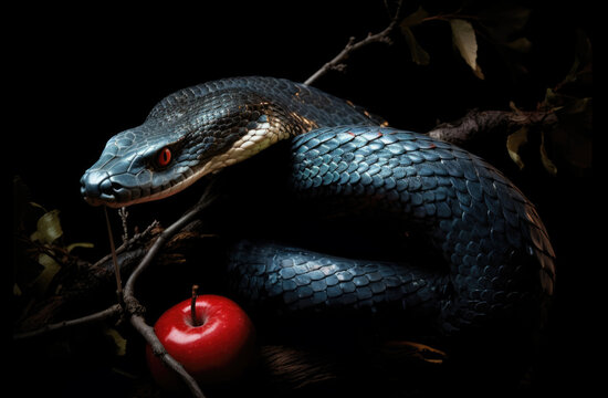 The original sin, the forbidden fruit. Close up of snake on tree branch with red apple on black background