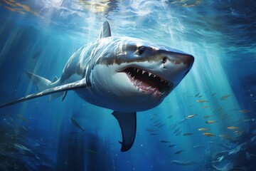 Fototapeta premium Predatory Big shark underwater sunny. Generate Ai