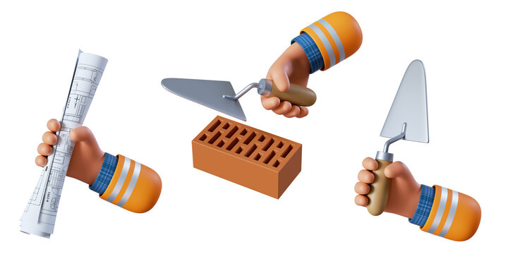3d rendering, cartoon human arm with trowel and red brick. Masonry service clip art set isolated on white background. Professional bricklayer holds building tool. Construction icon collection