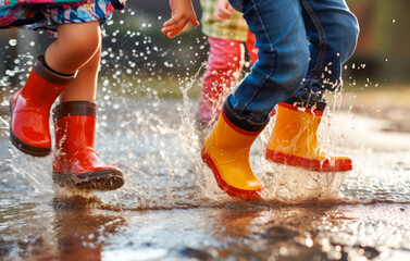 Closeup of legs of children jumping over puddles in colorful rain boots