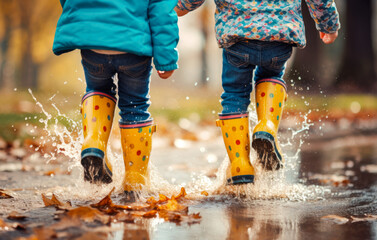 Closeup of legs of children jumping over puddles in colorful rain boots - obrazy, fototapety, plakaty