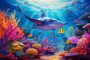 Vibrant underwater scene with corals, fish, and a gliding stingray. Generative AI