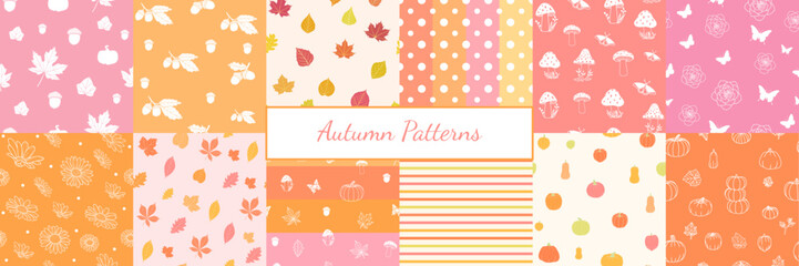 Fototapeta na wymiar Simple Autumn Patterns, Seamless Background, Fall Digital Papers, For Journal, Scrapbook, Card Making