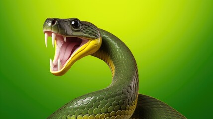 Fototapeta premium The original sin. Green snake with mouth open on a green background