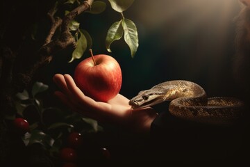 The original sin, the forbidden fruit. Hand holding an apple and a snake on a dark background. - obrazy, fototapety, plakaty