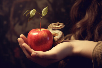 The original sin, the forbidden fruit. Hand holding an apple and a snake on a dark background.