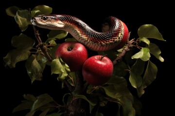 The original sin, the forbidden fruit. Red striped snake and red apple on tree branch isolated on...