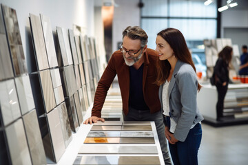 Couple looking ceramic and tiles for their new home floor