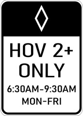 Vector graphic of a usa High Occupancy Lane highway sign. It consists of the wording  HOV 2+ Only contained in a white rectangle