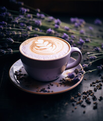 Cup of lavender latte, dark tones