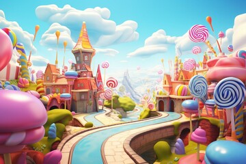 Fototapeta na wymiar A whimsical candy-themed world in cartoon style, depicted with a 3D rendering picture. Generative AI