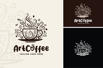 Coffee Cup with Artistic Doodle Floral  Hot Drink Steam for Art Cafe Beverages or Barista Shop logo design