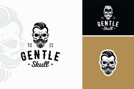 Gentleman Mustache Skull with Stylish Haircut for Hipster Barber Barbershop Hairstyle Vintage Retro Logo design