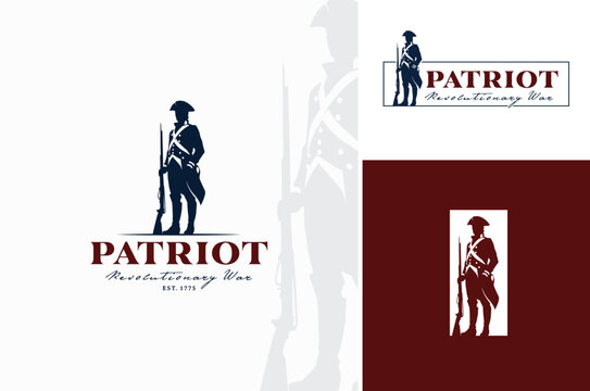 Classic Continental Patriot Army Standing with Tricorn Hat Silhouette. Vintage American Revolution War Soldier with Long Rifle Musket Logo Design