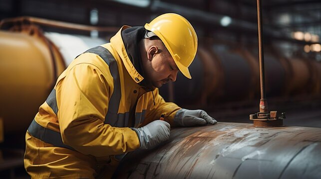 Male worker engineer inspection at steel pipes in station oil factory. Oil and gas industry. Energy equipment. Fuel power technology. Supply of production with energy resources. 