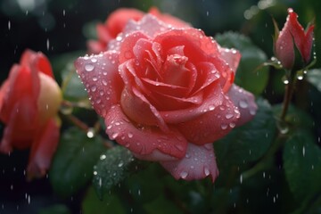 Pink rose with water drops. Generative AI.