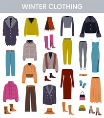 Winter clothing, garments and accessories set. Female apparel, dresses, pants, shoes, gloves, coats, sweaters, hats in casual style. Flat graphic vector illustrations isolated on white background