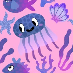 Cartoon fish seamless jellyfish and shall and coral pattern for fabrics and wrapping paper and kids clothes print