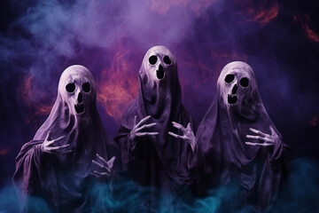 Horror ghosts, purple monsters in front of a misty haunted background, Halloween creepy image