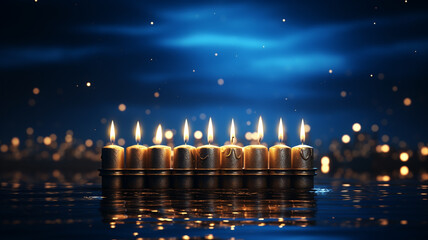 Hanukkah is a Jewish holiday of miracles, a celebration of victory in war between holiness and impurity. It is an eight-day Jewish winter holiday. candles, blur color, banner, background, copy space.