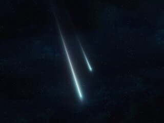 Bright meteors in the dark. Glowing meteorites in the sky with stars. Beautiful meteor trails.