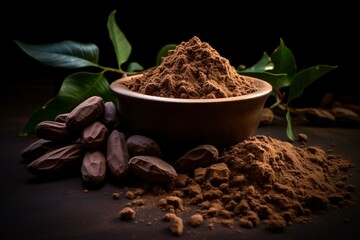 Carob-based alternative to chocolate with health benefits, shown as carob chocolate and carob fruit powder on a dark background. Soft contrast. Generative AI