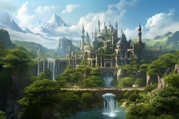 A picturesque fantasy illustration of an elven city with fortress-like tall arches, nestled between mountains, adorned with lush vegetation and a flowing stream. Generative AI