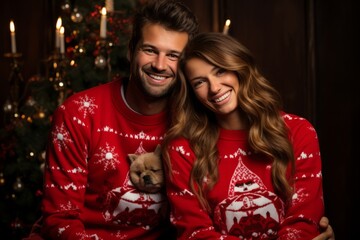 Smiling Couple in ugly christmas sweaters with a small dog