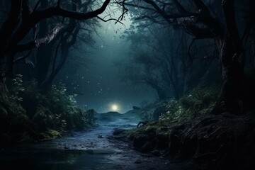 Enchanting mystical landscape, moonlit forest at night. Generative AI