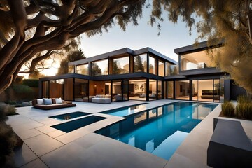 A custom designed residence in Menlo Park featuring a pool in the backyard