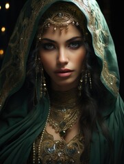 Fashion portrait of young beautiful woman with costume wearing hijab. Cultural authentic clothing style, covered part of the body, beautiful gorgeous clothes. Nice outfit, great look.