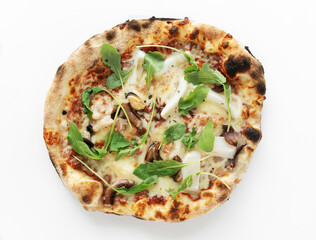  Frutti di mare pizza with mozzarella cheese, seafood mix, fresh garlic on white background. Pizza top view.