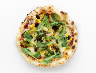 Ibiza pizza with mozzarella cheese, pineapple, red bean, corn, paprika isolated on white background. Pizza top view.