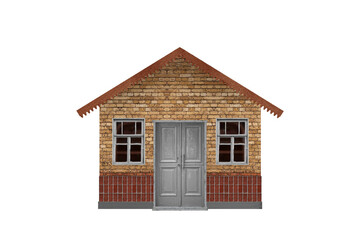 Old small village house built of  bricks and lined with brown glossy tiles below isolated on white.