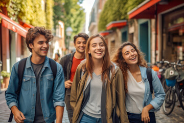 Fototapeta premium A group of joyful millennials walking together on city streets, embodying youthful energy and ambition, commuting in an urban setting