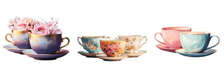 Obraz na płótnie Canvas Png Set Gorgeous teacups on transparent background