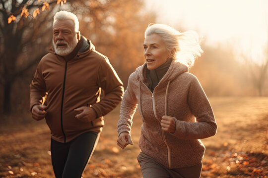 Portrait of contented senior couple wearing athletic attire running at autumn park enjoying themselves outside