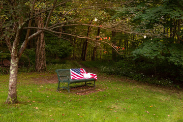 Obraz na płótnie Canvas American flag and Bible on bench in park in evening