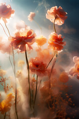 Obraz premium Tranquil Wild Flowers in Water Illuminated by Soft, Diffused Dawn Light - Representing Calm, Peacefulness, Floral & Ethereal Dreaminess. Generative AI.