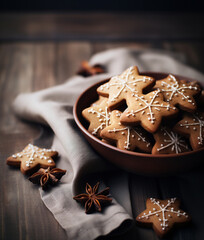 Christmas gingerbread cookies on wooden table