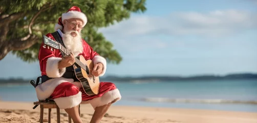 Poster Santa Claus playing a guitar by the tropical beach, creating a harmonious island vibe, copy space © 18042011
