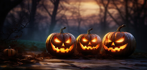 Fototapeta premium Spooky evil glowing eyes of Jack O' Lantern on a scary Halloween night. generative ai