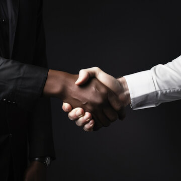 a colored man shaking hands with a white man on gray background
