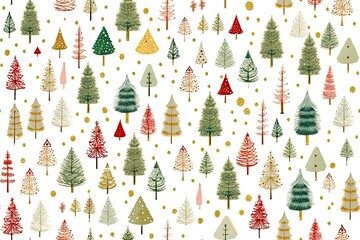 Mix Christmas trees on white background in green, red, golden color, seamless festive background
